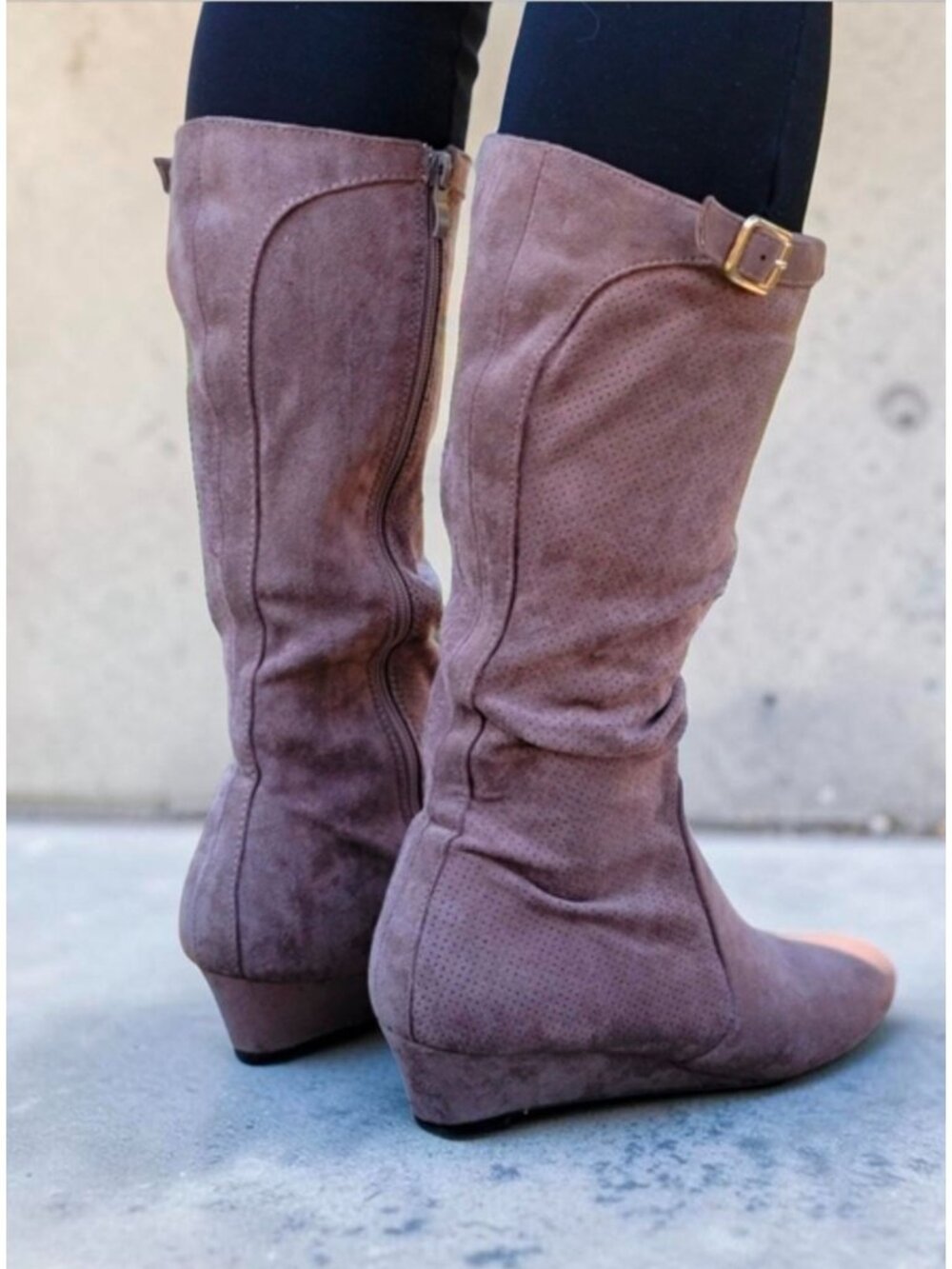 Taupe Knee-High Wedge Suede Boots With Buckle Detail Side Zipper And Textured Fi - Picture 4 of 9